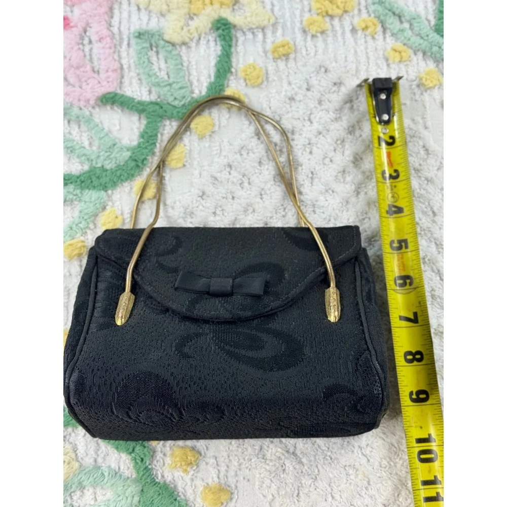Vintage Garay Black Jacquard Evening Bag Gold Snake Chain Strap Bow  Clutch